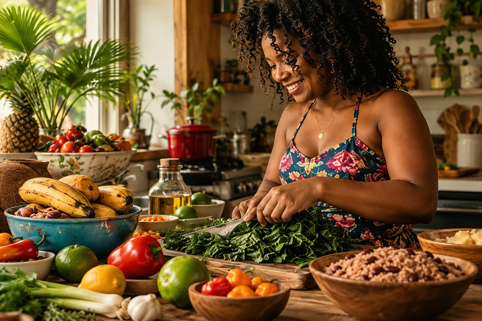 A smiling woman chopping callaloo beside plantains, peppers, limes, and a bowl of rice and peas