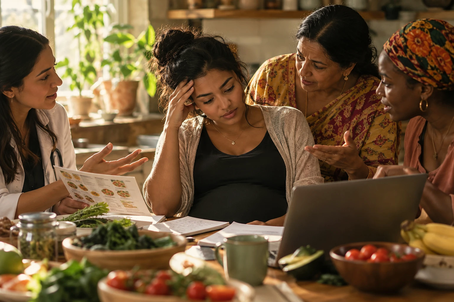 A pregnant woman looking overwhelmed as a clinician, an older relative, and a friend all offer her different advice around a kitchen table