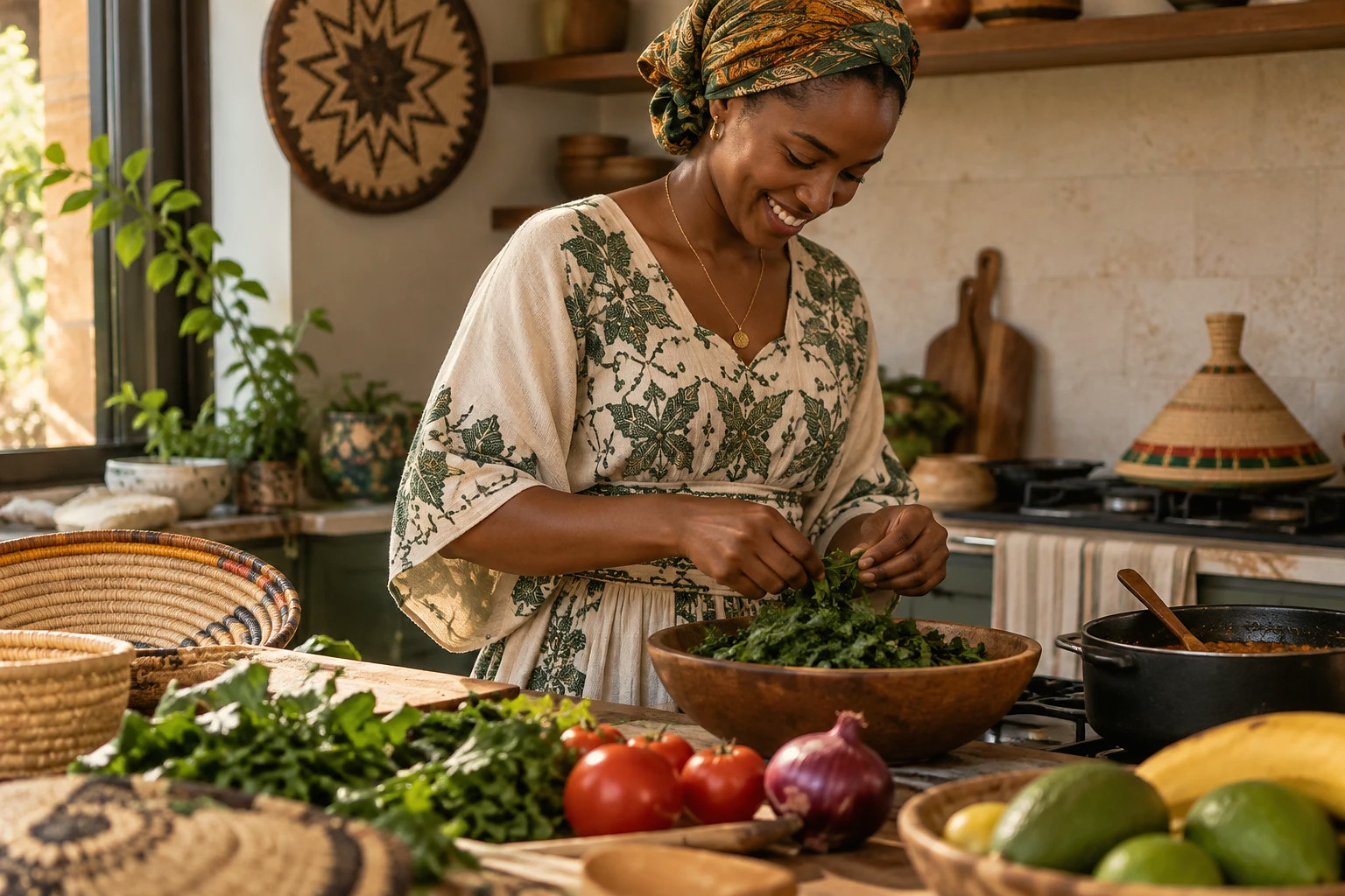 A smiling woman in a headwrap and embroidered dress tearing fresh greens into a wooden bowl, with woven baskets and a simmering pot nearby