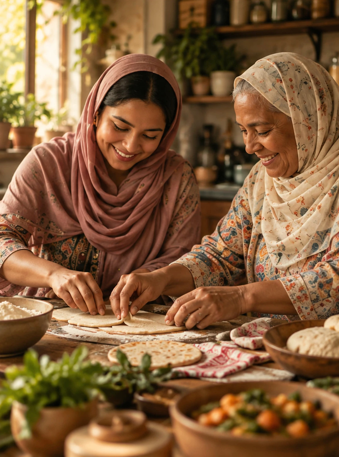 A young woman and an older woman in headscarves smiling as they shape flatbread together