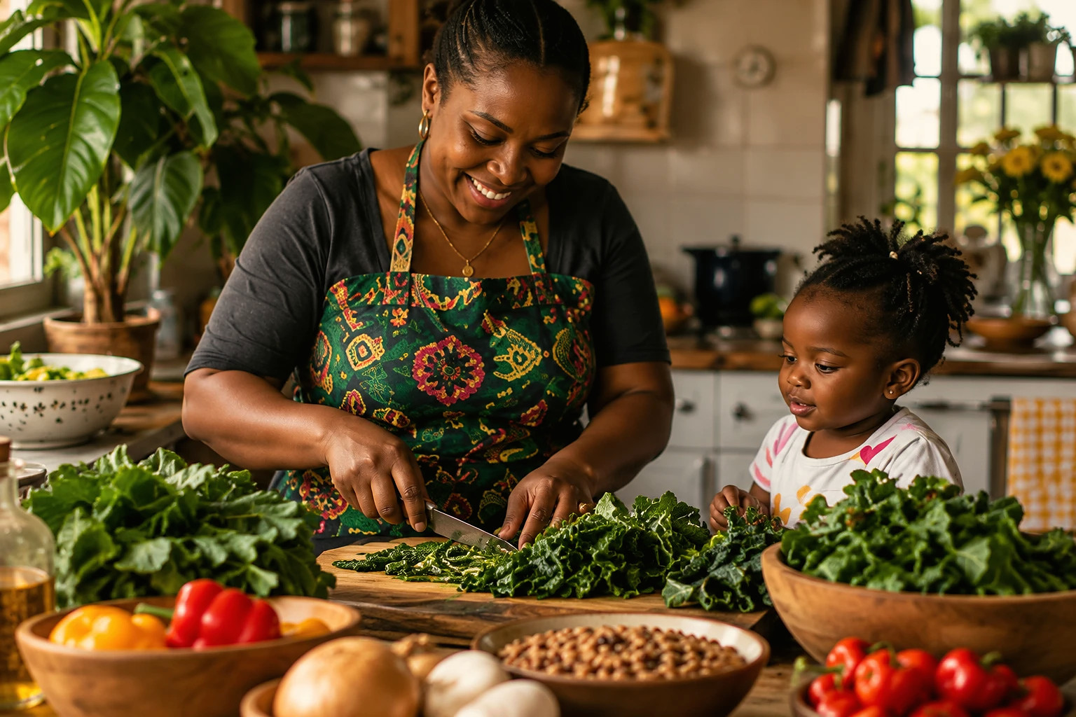 A mother chopping collard greens while her young daughter helps, with black-eyed peas and peppers on the table