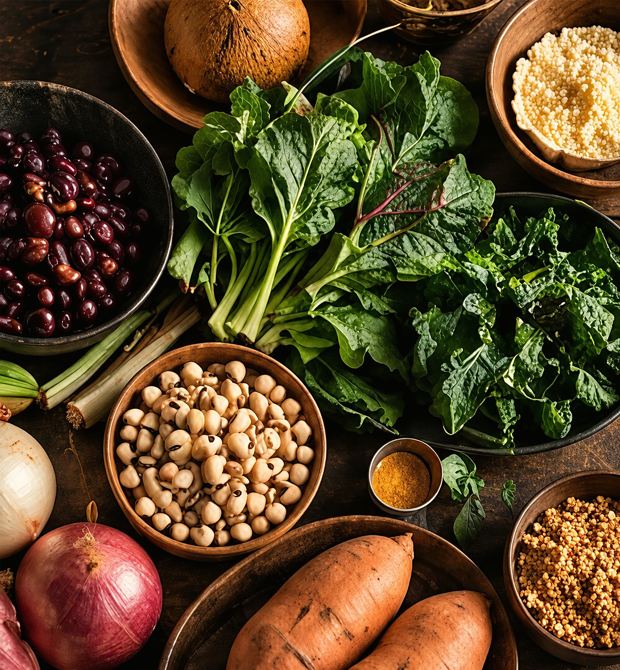 Bowls of beans, grains, greens, and sweet potatoes on a wooden table