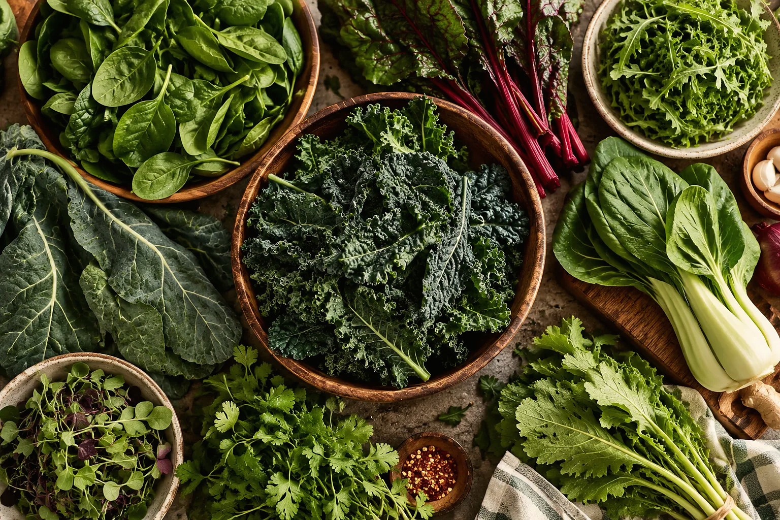 Bowls and bunches of leafy greens: spinach, kale, collards, chard, bok choy, and herbs