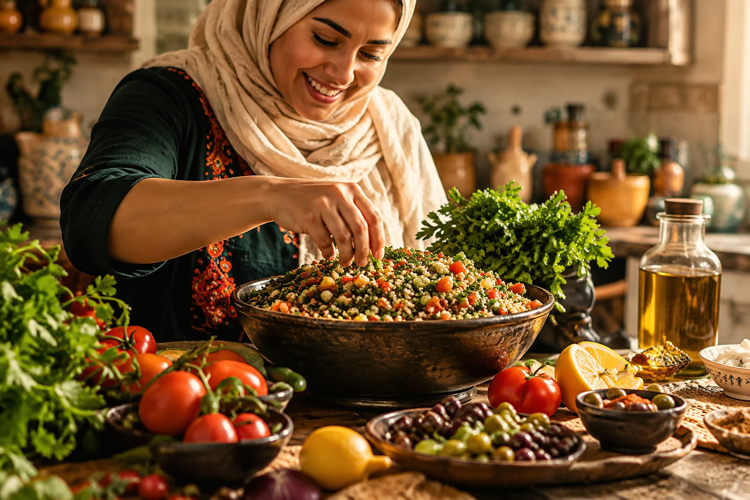 A smiling woman in a headscarf sprinkling herbs over a large bowl of tabbouleh, surrounded by tomatoes, lemons, olives, and olive oil