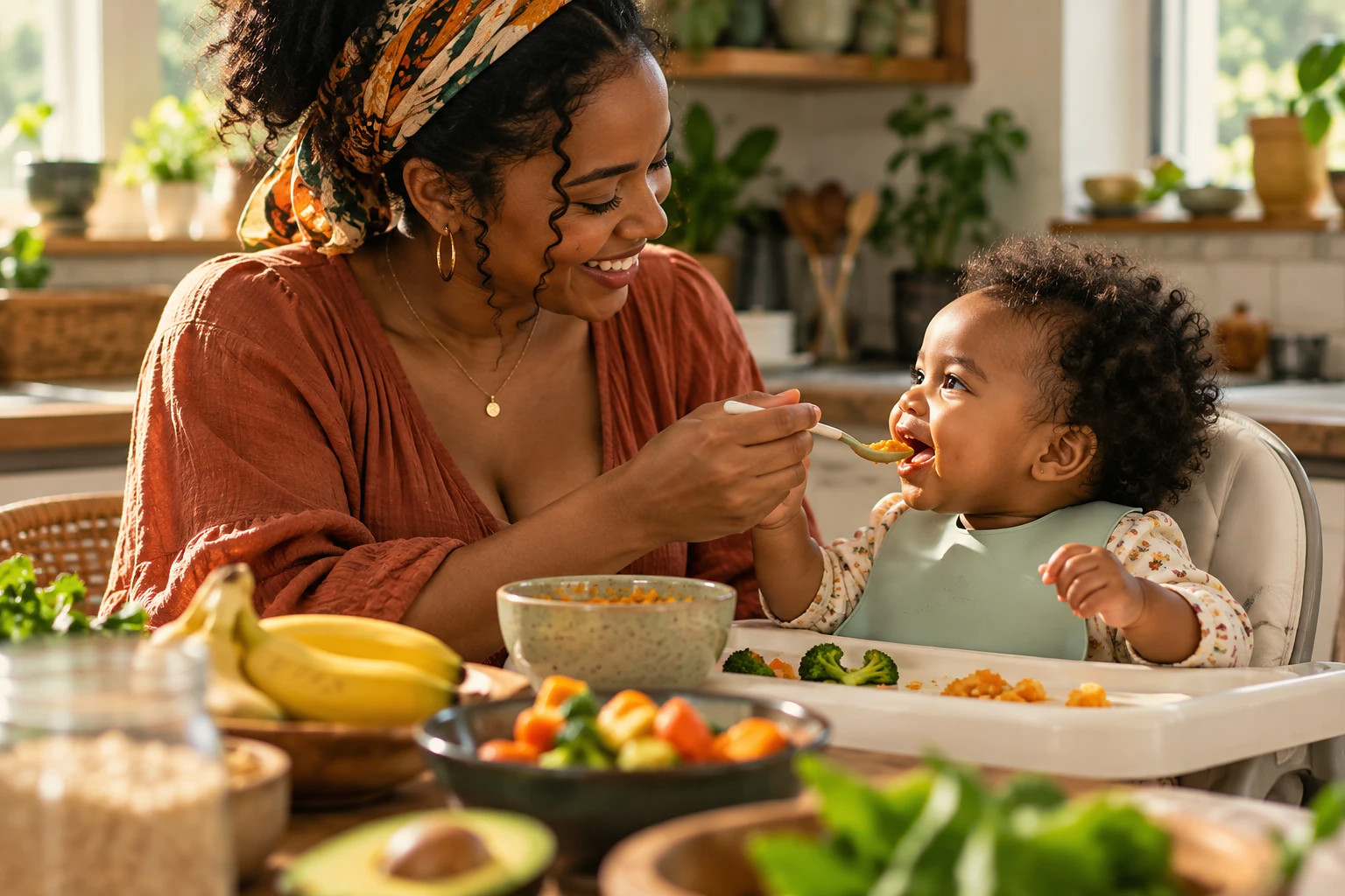 A smiling mother spoon-feeding her baby in a high chair