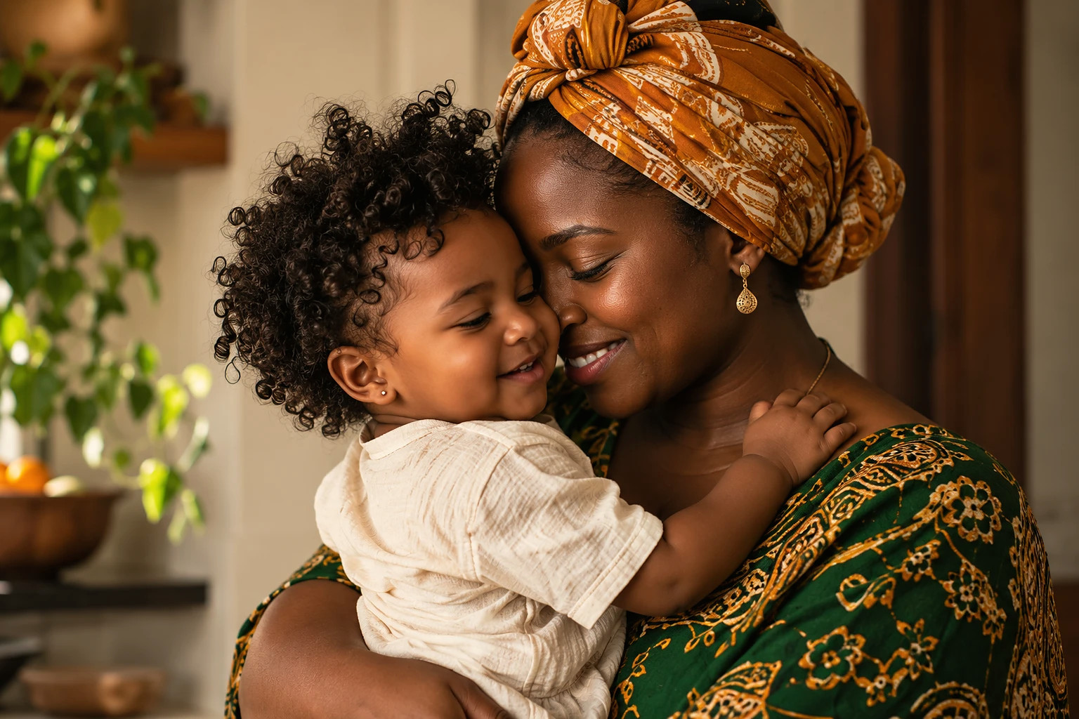 A mother in an orange headwrap cheek to cheek with her smiling toddler