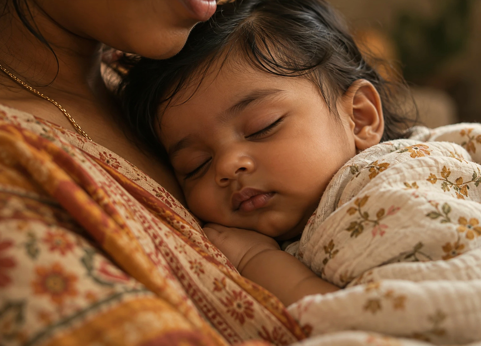 A baby sleeping against a mother&rsquo;s chest, wrapped in a soft floral blanket
