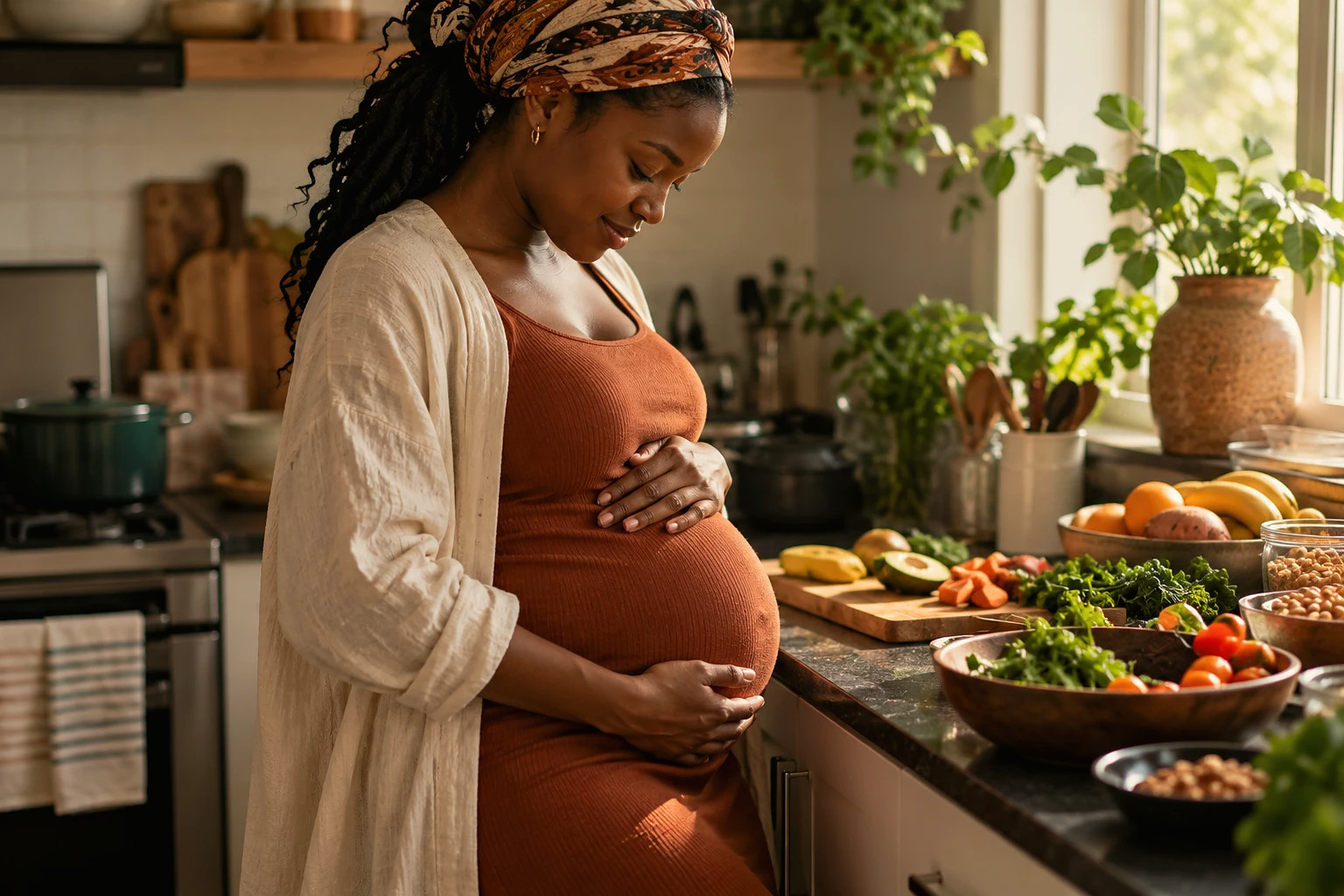 A pregnant woman in a headwrap smiling down at her belly in a sunlit kitchen full of fresh produce