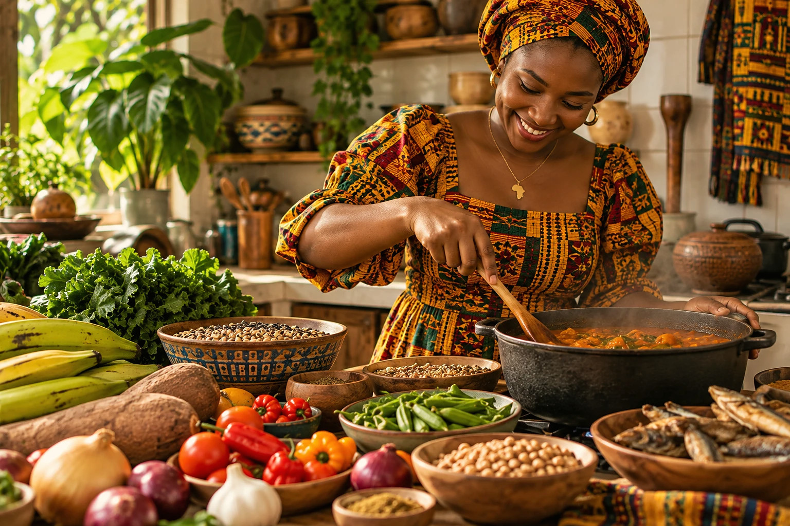 A woman in a patterned headwrap and dress stirring a pot of stew beside plantains, yams, okra, and beans