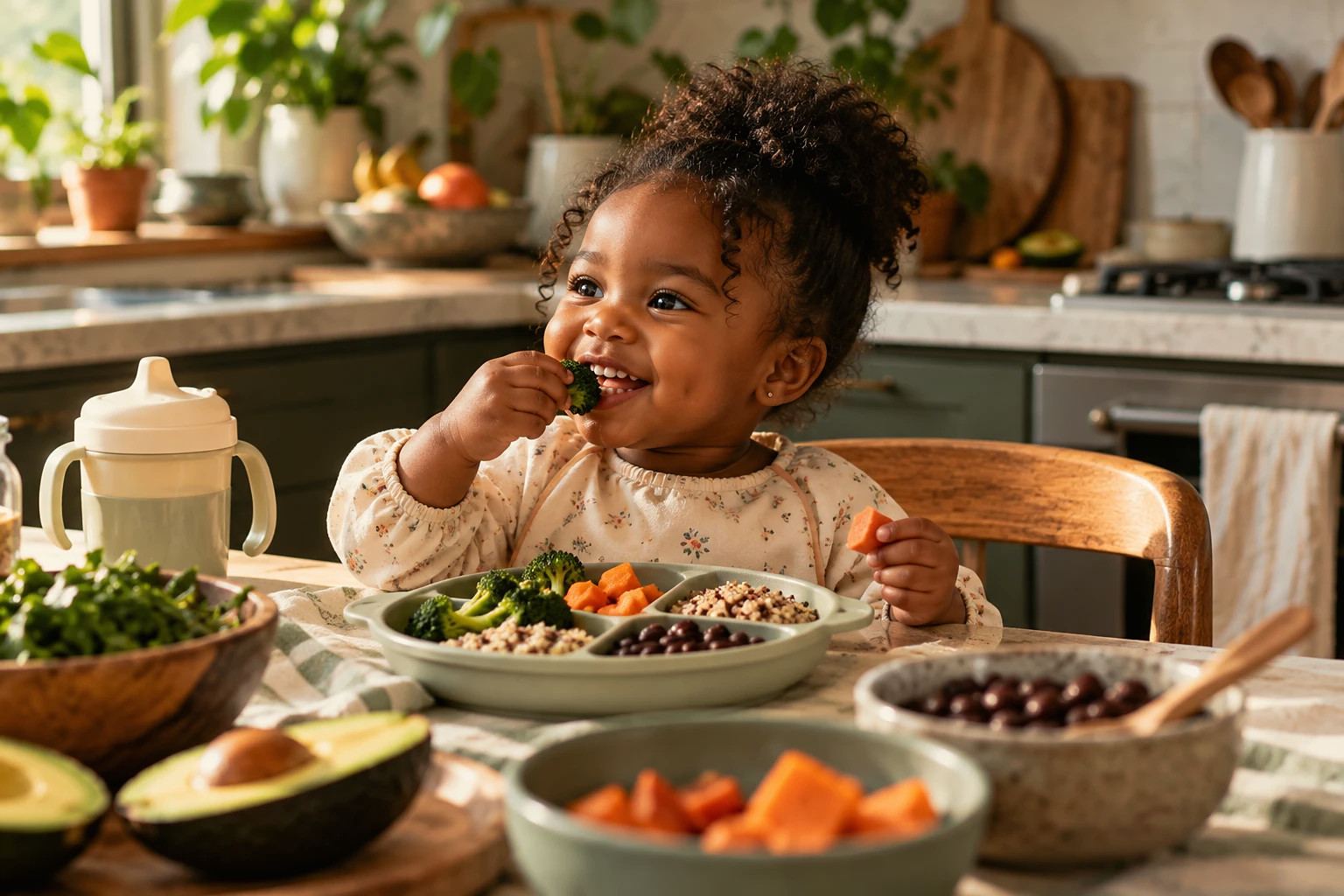 A toddler smiling as she eats broccoli from a divided plate of vegetables, grains, and beans